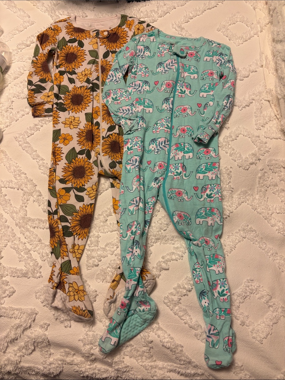 PJ Place footie pajama bundle. Sunflower and Elephant Prints. 12-18 months.